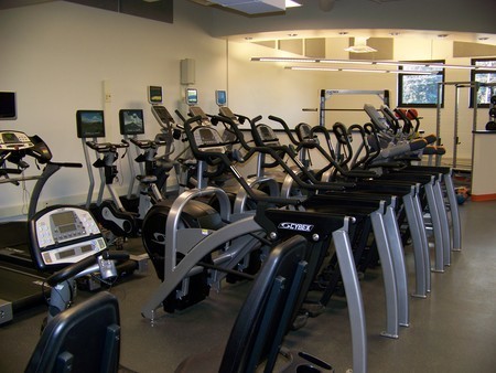 Rows of exercise equipment
